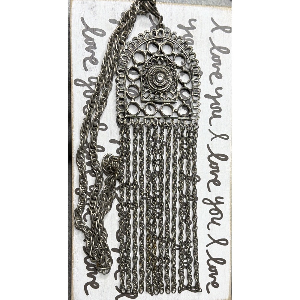 Vtg Boho Statement Pendant Necklace Chain Fringe Silver Tone Open Work 24" Chain